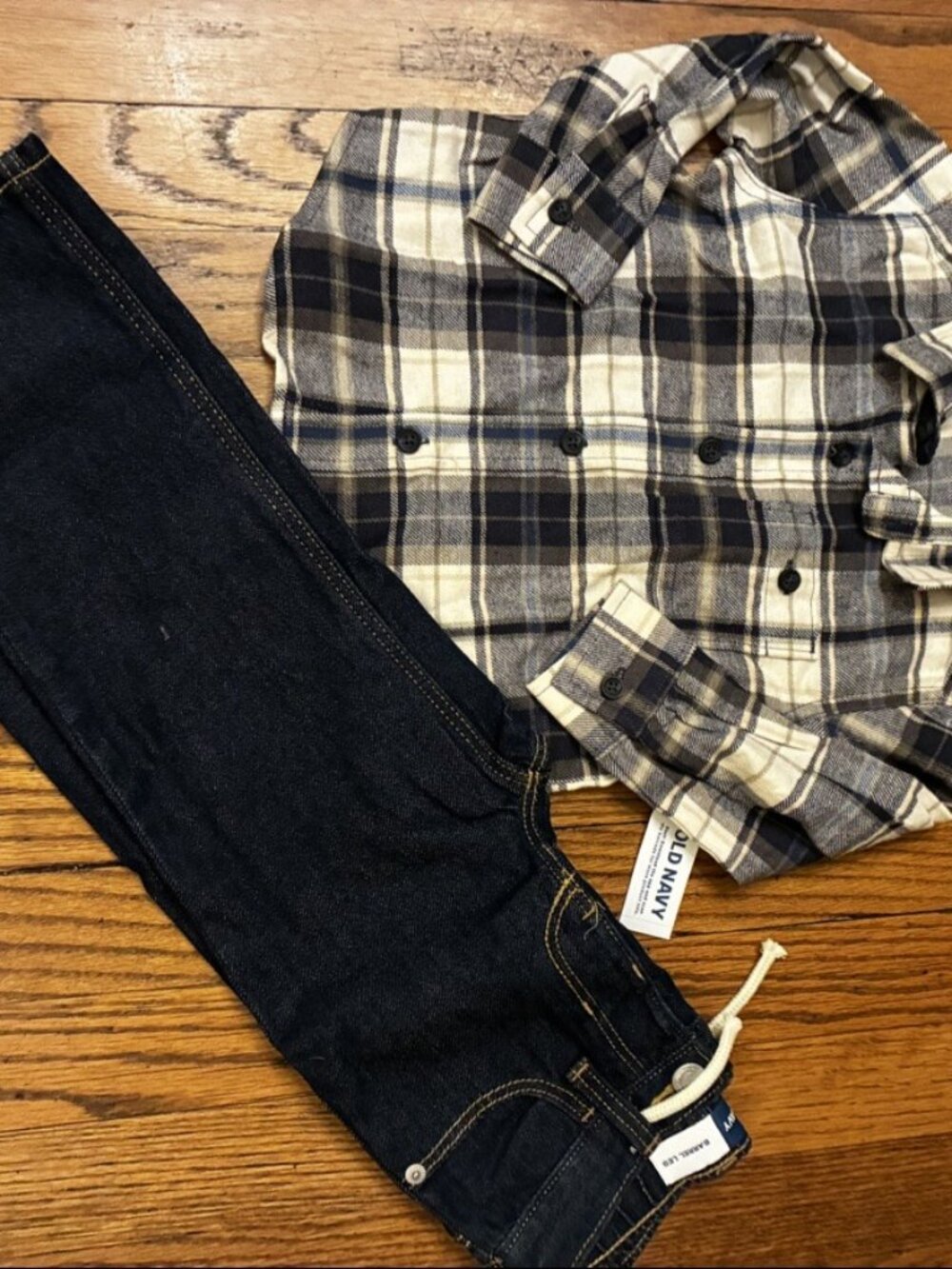 Old Navy Outfit Set Plaid Flannel Shirt 18-24M & Barrel Leg Jeans 3T